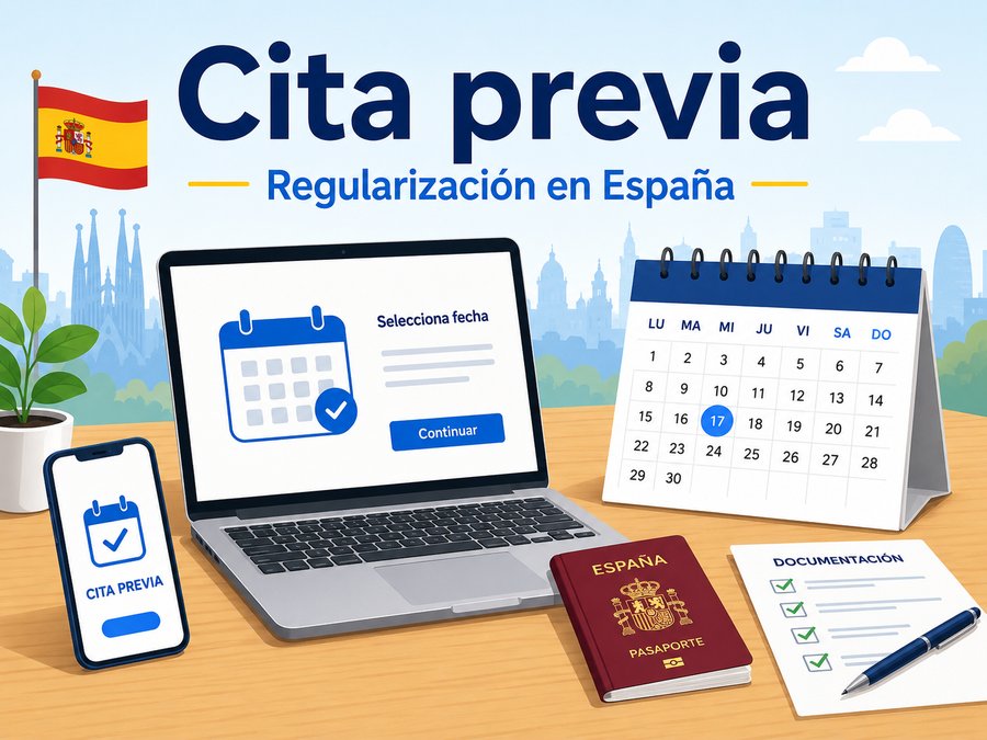 Ilustración de cita previa para la regularización en España en 2026 con calendario, ordenador, pasaporte y documentación