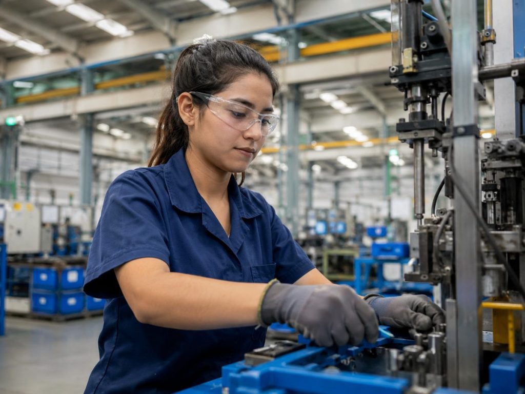 Mujer joven trabajando en una fábrica para explicar el arraigo sociolaboral en España y la regularización en España.