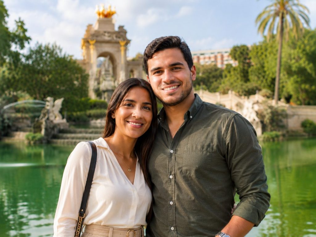 Pareja joven venezolana en un parque, representando la modificación de residencia por razones humanitarias a residencia y trabajo en España.