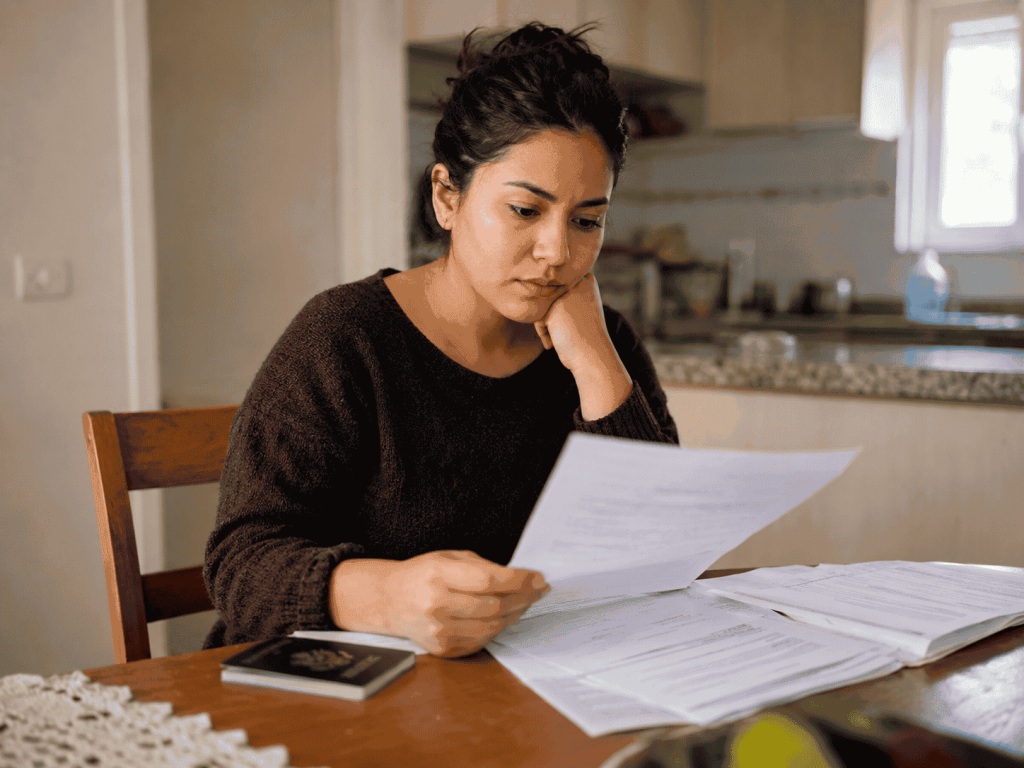 me han denegado la regularización mujer revisando documentos en casa