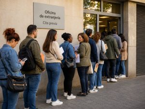 Fila de personas esperando para entrar a una oficina de extranjería y presentar la cita para la regularización en España en 2026