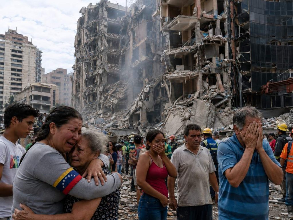 familiares afectados por los terremotos de Venezuela junto a edificios derrumbados y equipos de rescate