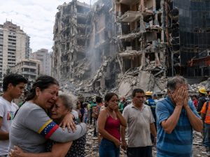 familiares afectados por los terremotos de Venezuela junto a edificios derrumbados y equipos de rescate