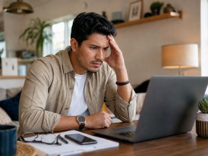 Joven preocupado consultando cuánto tarda la modificación de razones humanitarias en su ordenador